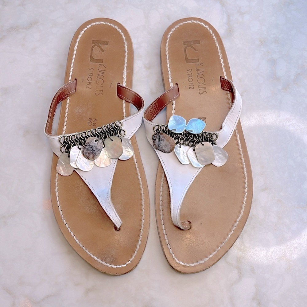 K Jacques White Thong Sandals with Shell Embellishments